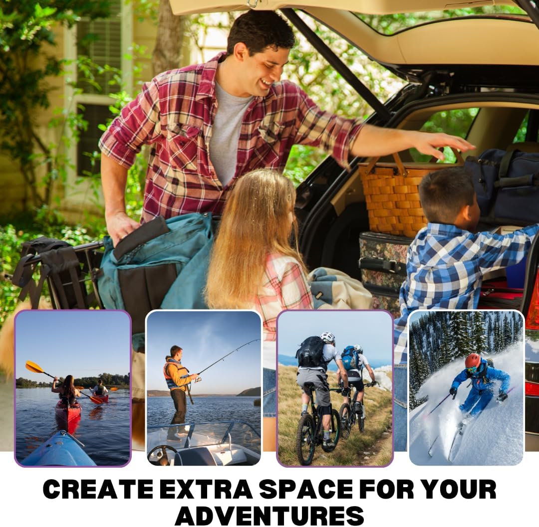 Family loading various outdoor gear onto a car equipped with roof rack cross bars