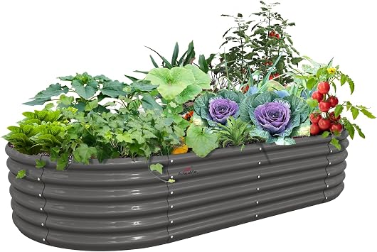 Anleolife 8x4x1.5ft Oval Galvanized Raised Garden Bed, Quartz Grey