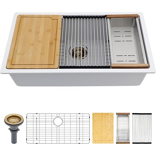 30 Inch Undermount Kitchen Sink White Granite Composite Kitchen Sinks Quartz Workstation Ledge Single Bowl Under Counter Large Deep Classic Sinks 30" x 19" x 10"