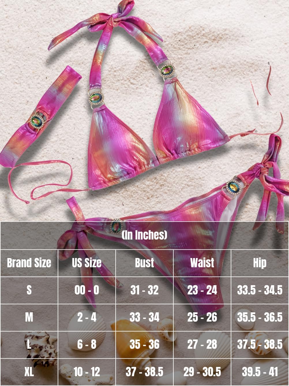 EHSUYAB Womens Sexy Triangle Metallic Bikini Set, Crystal Rhinestone Headband Halter Swimsuit, Cheeky Tie Ruched Bathing Suit