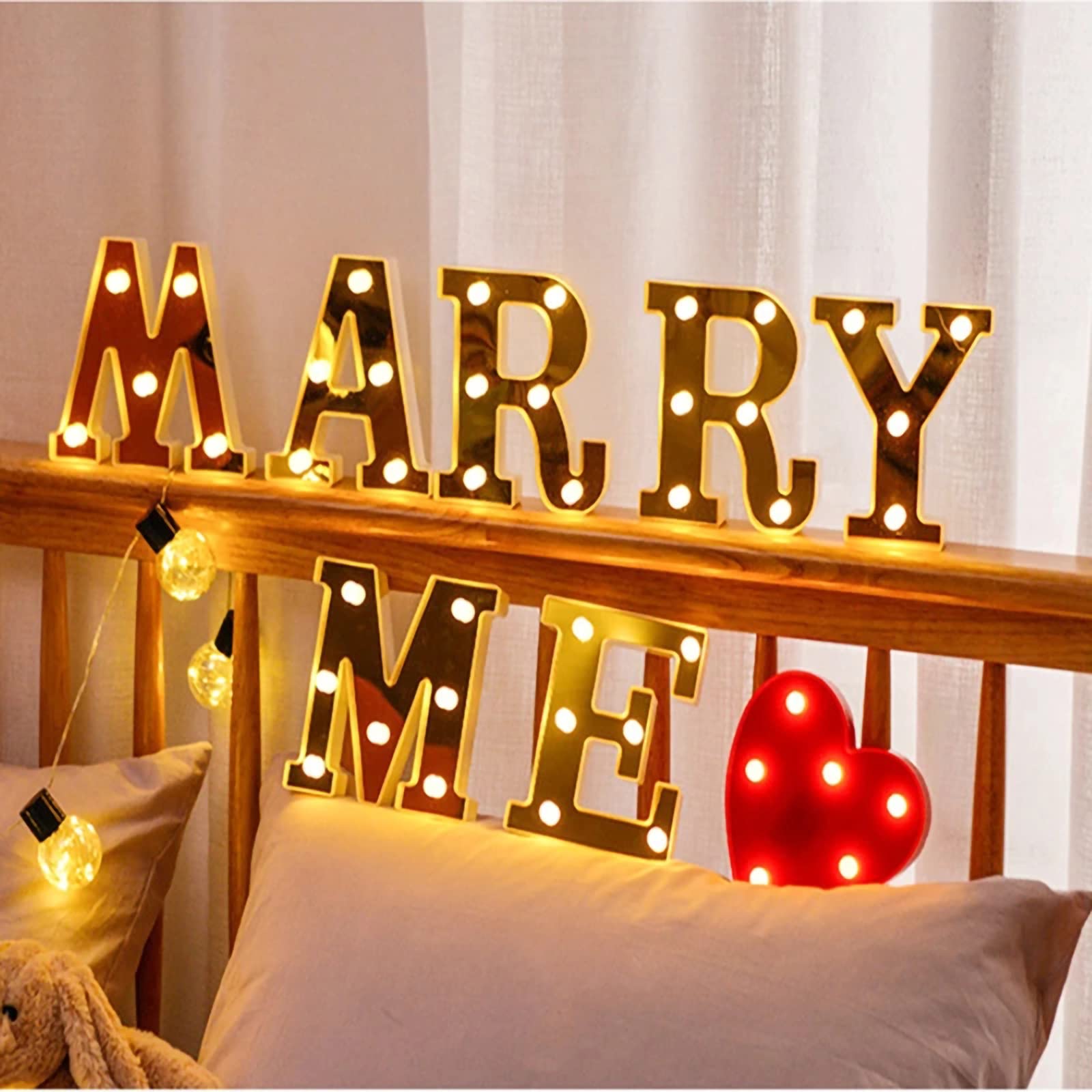 Marry Me - 7 lettere decorative a LED, con funzionamento a batteria, per decorazione romantica della casa, matrimonio, proposta di matrimonio, fidanzamento, compleanno, festa di compleanno