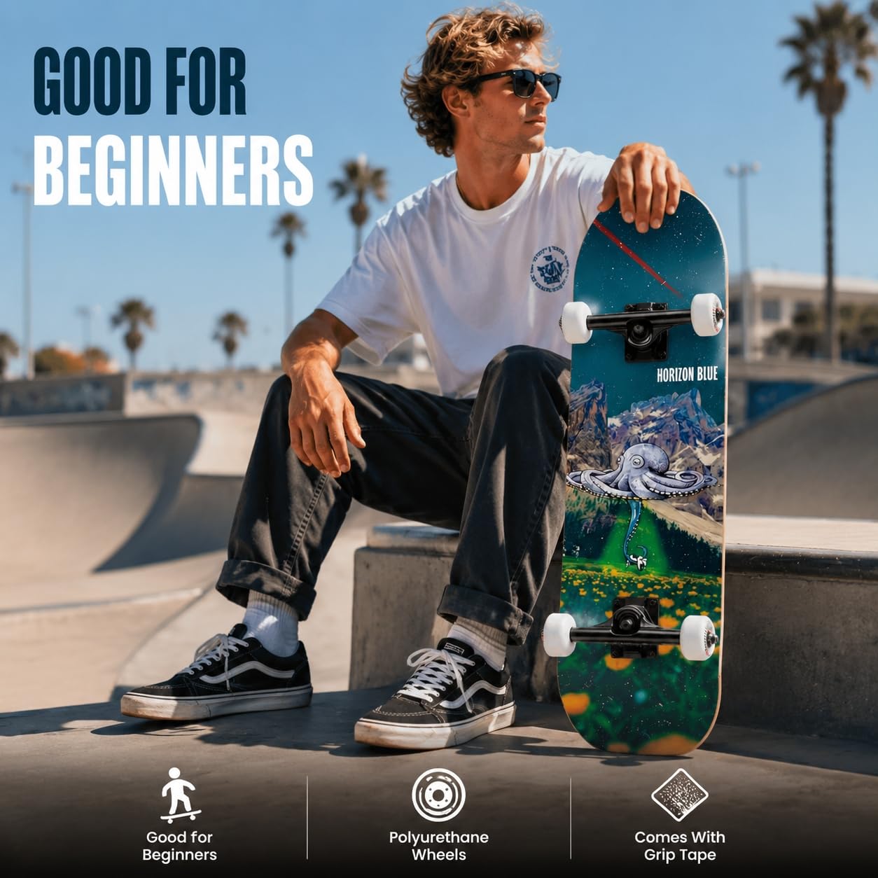 HORIZON BLUE Skateboard en érable 80,6 cm pour débutants, intermédiaires et professionnels