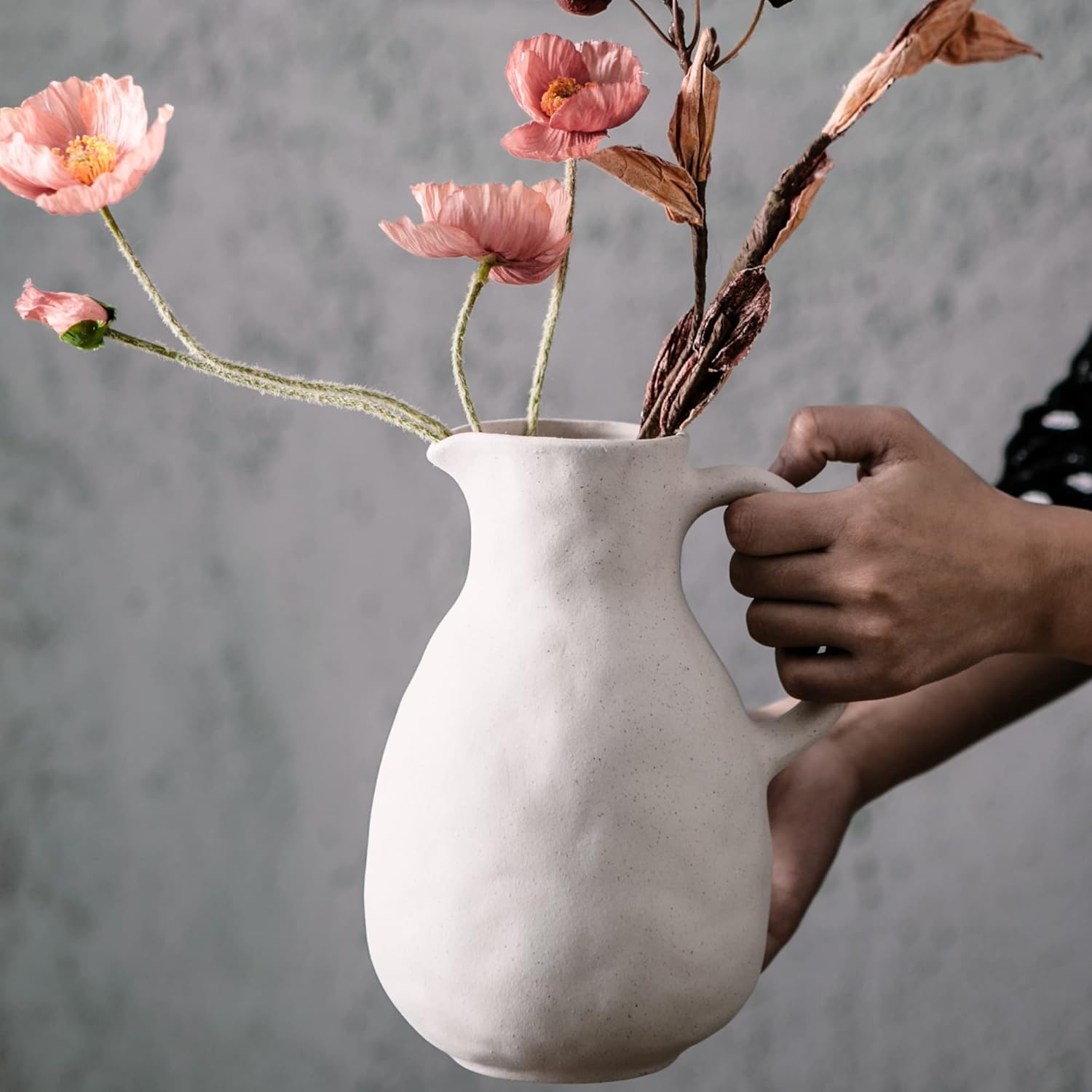 Kimdio Ceramic Vase with Handle, Modern Farmhouse Pitcher Vases for Home Decor, Rustic Pottery Vase, Decorative Clay Flower Vase, Centerpieces for Living Room - Image 4