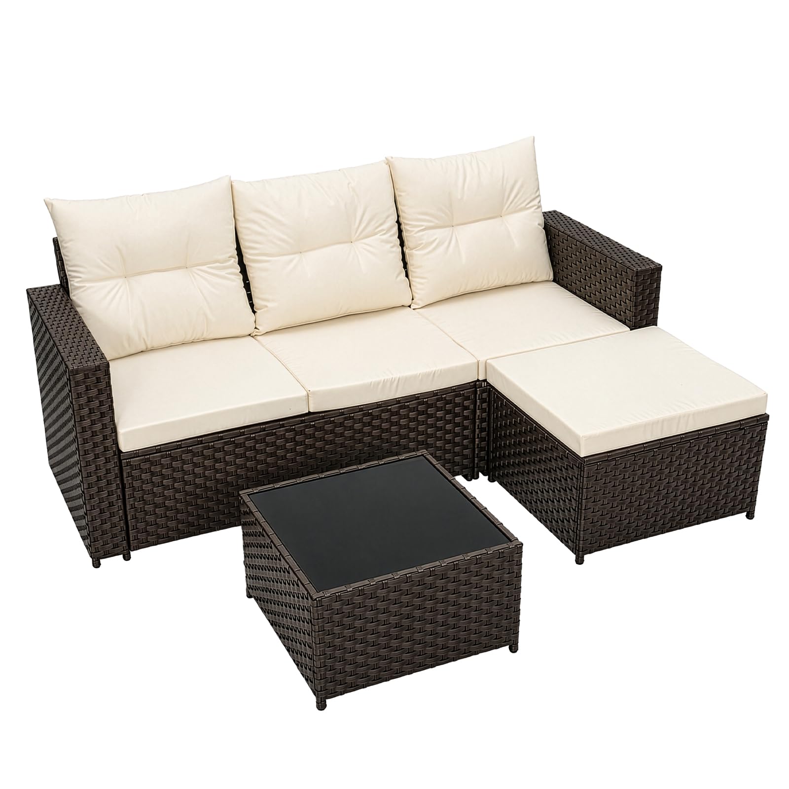 Polyrattan Gartenmöbel-Set Lounge für 3–4 Personen – Ecksofa Sitzgruppe mit Tisch & Hocker, wetterfeste Gartenmöbel-Sets für Balkon, Terrasse & Garten (Braun)