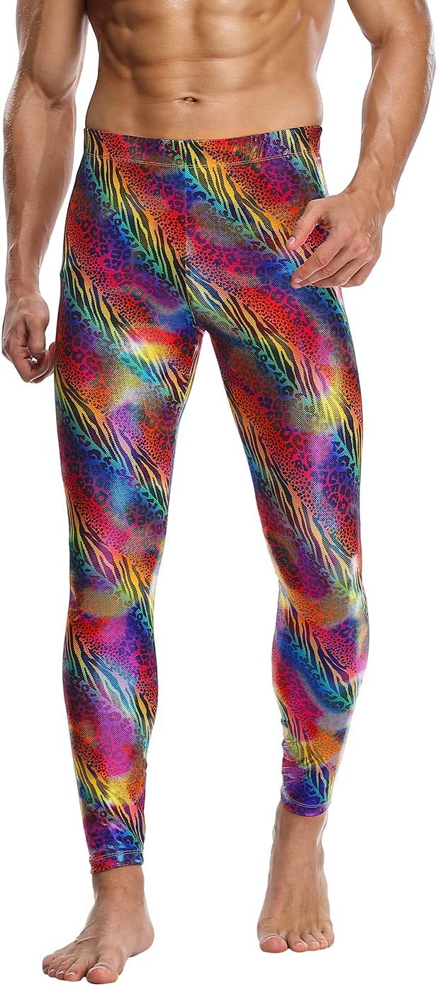 HDE Mens Holographic Meggings; Leggings for Halloween Costume, Disco, Festival (Animal Print, S)
