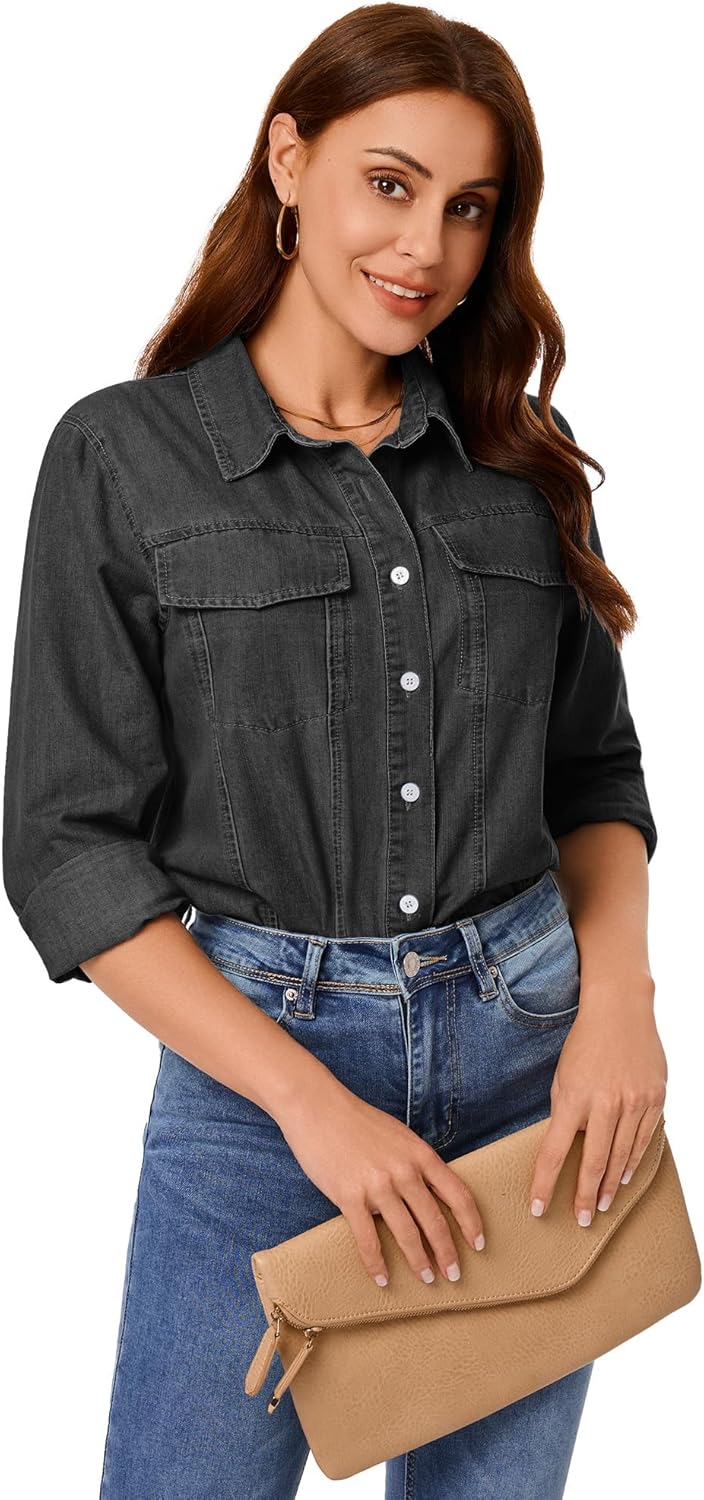 GRAPENT Denim Button Down Shirts for Women Long Sleeve Western Casual Lightweight Collared Pocket Jean Shirt Shacket Top - Image 5