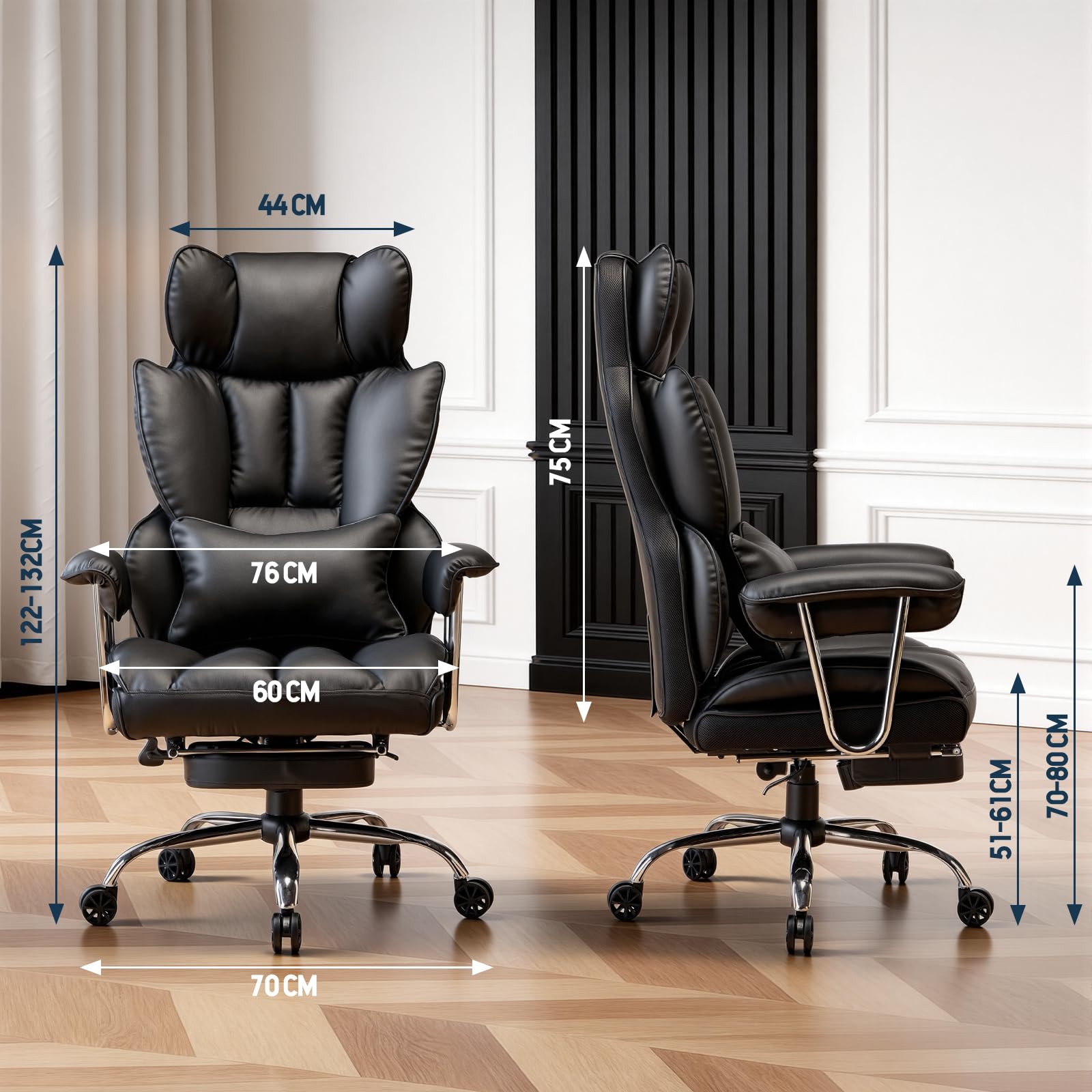 Efomao Silla de Oficina de Escritorio, Silla de Oficina de Piel sintética de Gran Respaldo, Silla giratoria con reposapiés y Soporte Lumbar, Negro