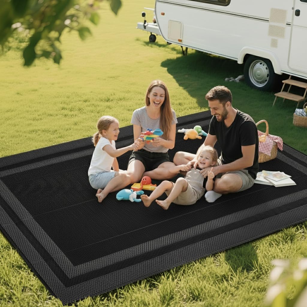 RURALITY Outdoor Rugs 8x10 Waterproof for Patios Clearance,Large Plastic Straw Mats for Backyard,Porch,Deck,Balcony,Black&Deep Grey