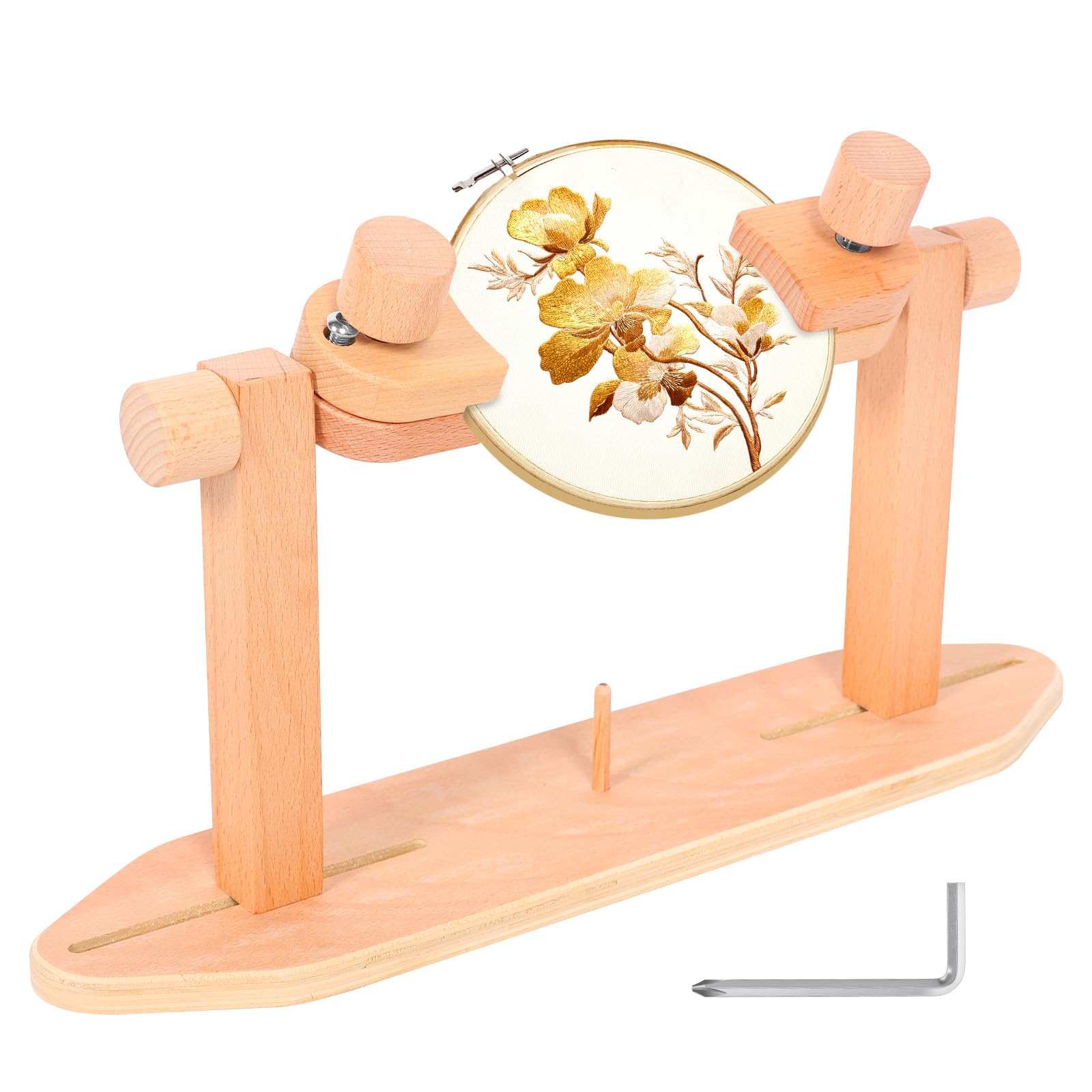 Qinglang Wood Adjustable Embroidery Hoop Stand Beech Cross Stitch Frame Holder 360° Rotating Hands-Free Lap Tabletop Stand For Sewing, Needlepoint And Arts Crafts, Fits Hoops Up To 35Cm