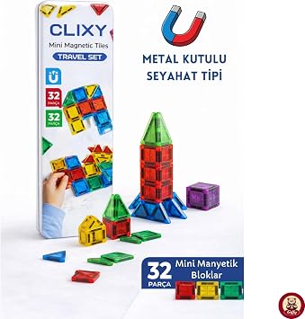 Manyetik Yapı Blokları - 32 Parça Seyahat Tipi Mini Bloklar Metal Saklama Kutulu Çanta Boy Renkli