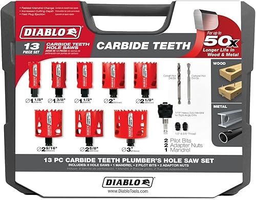 Diablo DHS13SPLCT - Juego de sierra de agujero de dientes de carburo para fontaneros, 8 sierras de agujero, 1 mandril, 2 brocas piloto, 2 tuercas