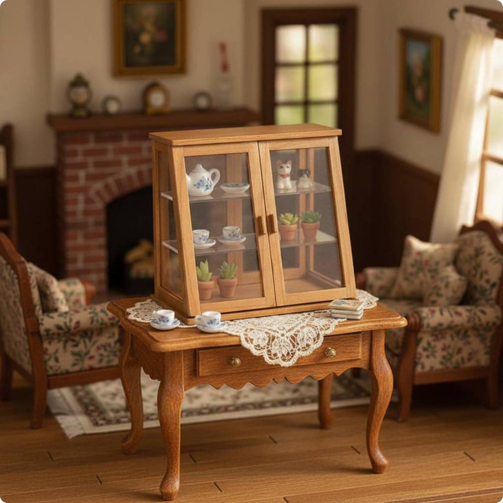 Credenza Espositiva in Miniatura Doppia Anta Vetrina in Miniatura Legno Fatto a Mobile Espositore Vittoriano per Diorami, A-Noce Grezzo, Vetrina Per Torte A Doppia Porta Lunghezza 100mm