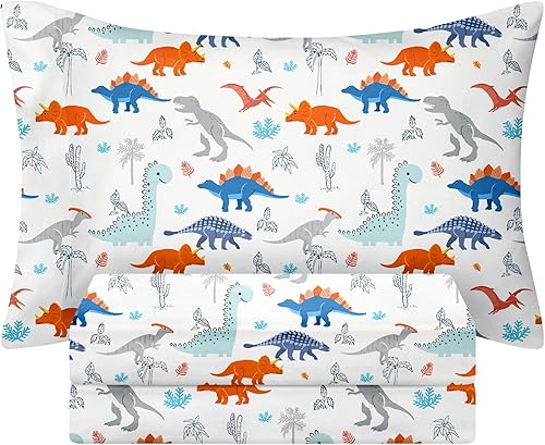 BYSURE Juego de sábanas tamaño individual para niños (dinosaurio, naranja y azul), juego de sábanas de 3 piezas de fácil ajuste con bolsillo