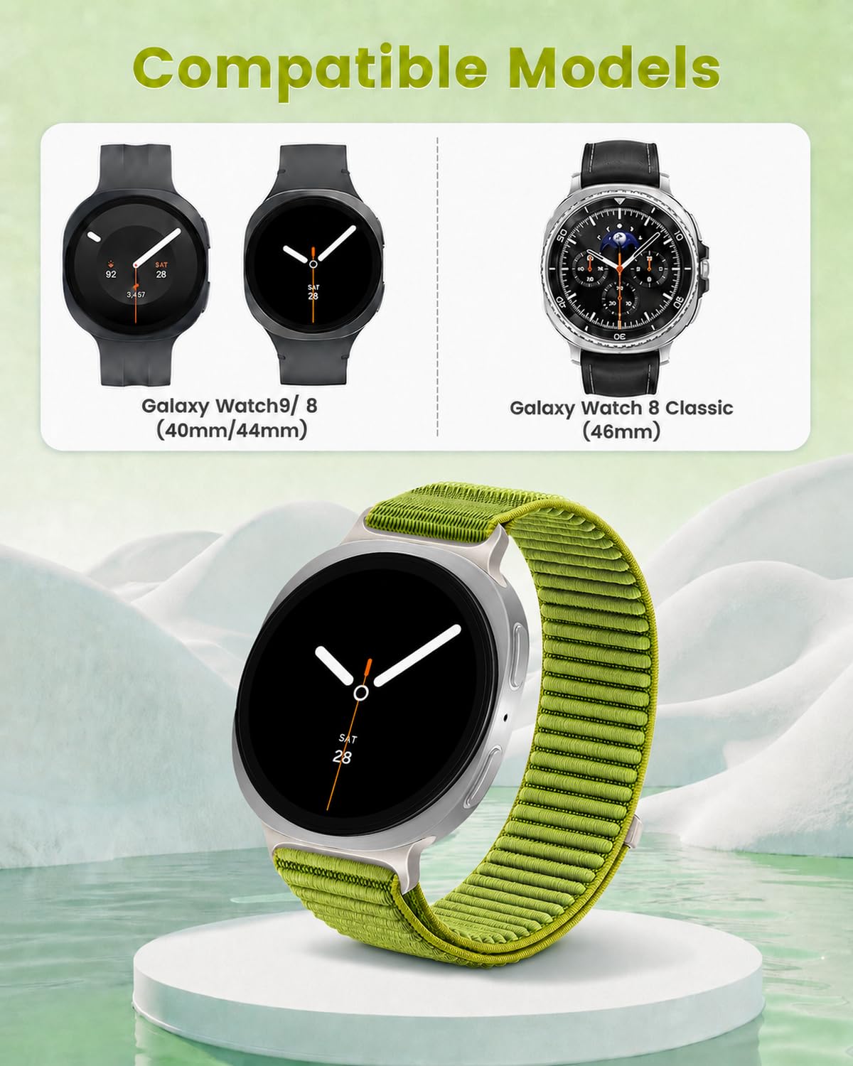 Cinturino sportivo in nylon compatibile con Samsung Galaxy Watch 8 40 mm/44 mm, 2025, morbido cinturino di ricambio regolabile per Galaxy Watch 8 Classic 46 mm donne uomini