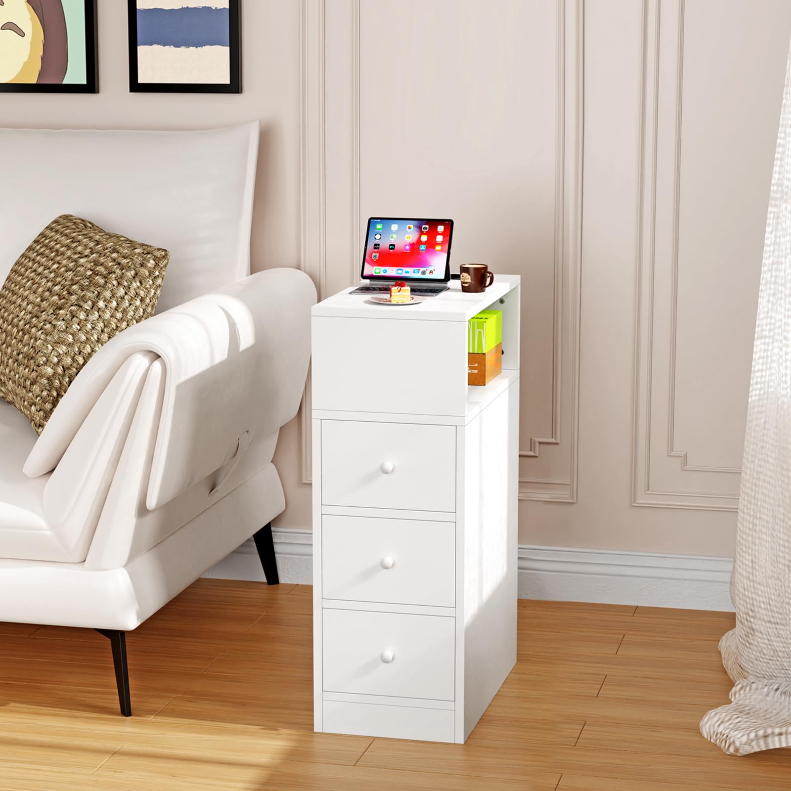Comodino Stretto con Prese e Porte USB Bianco Comodino con Scomparti a Giorno e Cassetto Tavolino da Notte Mobile Salvaspazio per Camera da Letto Soggiorno 45x25x70cm Comodini Strett, 1 pezzo