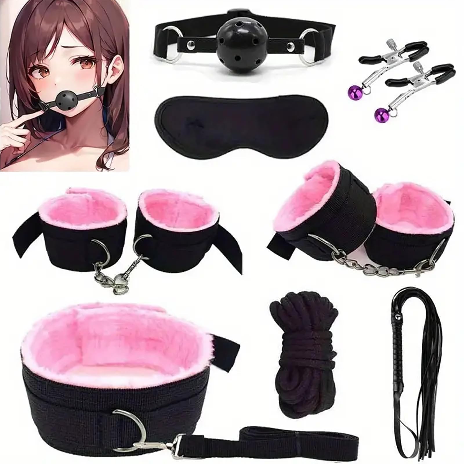 Bondage Set Jouets Sexuels avec 47 Pièces Lit Sm Bondage Sexuel Extrêmement Érotique Jouets Sexuels Fétichistes avec Menottes Réglables Menottes de Cheville Plug Anal Fouet Bandeau pour Femmes Hommes