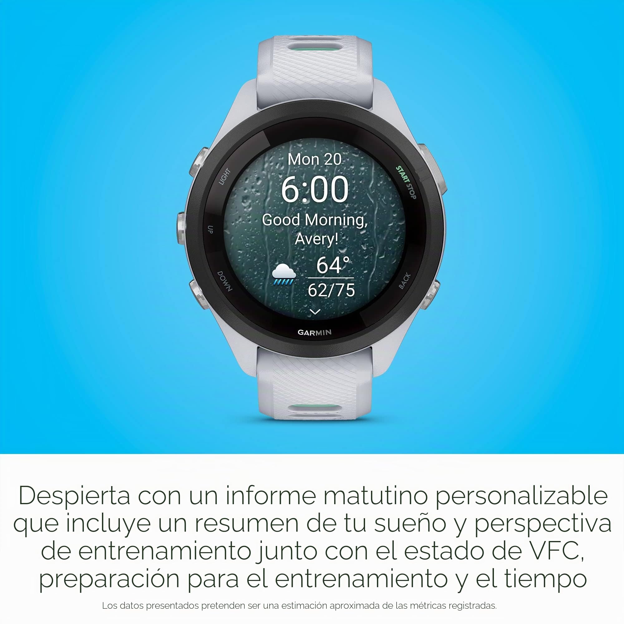 Garmin Forerunner 265S Reloj Inteligente para Correr, Unisex, tamaño de 42 mm, Piedra Blanca/Neo Tropic