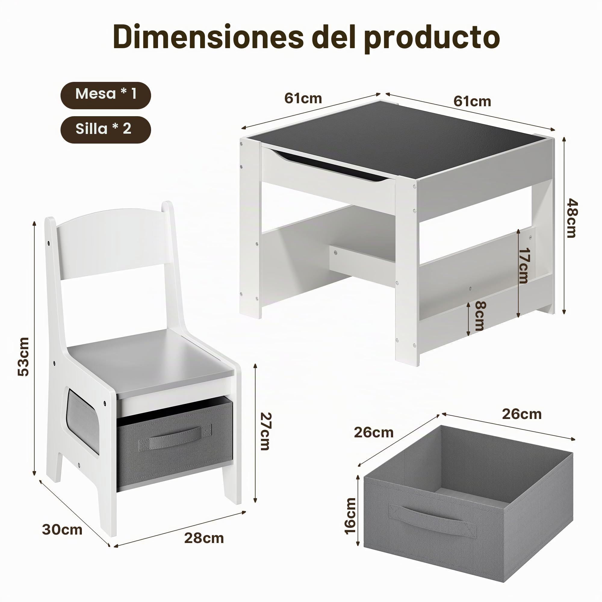 Xbro Mesa y Sillas Infantiles, Mesa con Pizarra y 2 Sillas, Niños Mesa con Reversible, Set de Muebles Infantil, Gris.