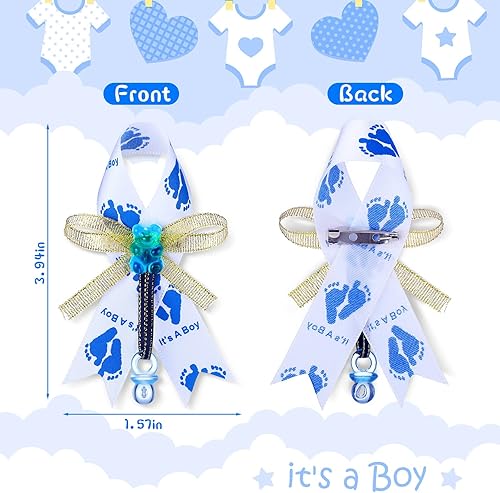 Miniatura 2 de Jexine 50 piezas de broche con lazo para baby shower, broche de cinta con chupete azul y oso para decoración de fiesta de revelación de género,