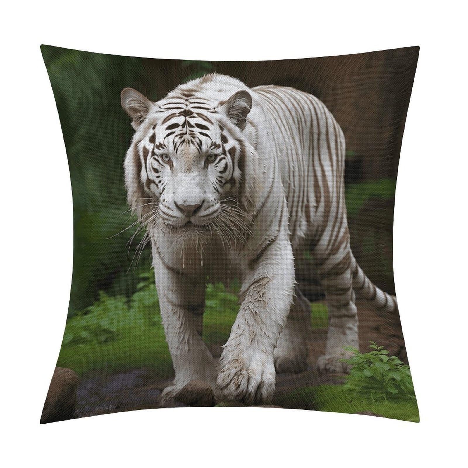 LZQPOEAS Majestic White Bengal Tiger Throw Pillow Covers, Waterproof Faux Linen Pillow Cases with Invisible Zipper, Decorative Square Cushion Covers for Sofa Couch Living Room Bedroom 18x18 Inch