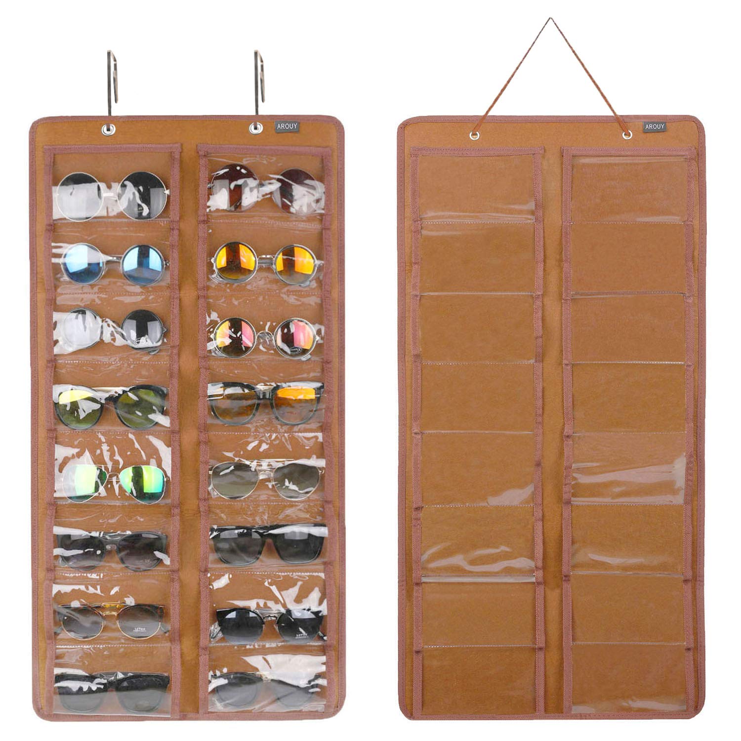Sunglasses Organizer Storage, Hanging Dust Proof Wall Pocket Glasses Organizer - 16 Felt Slots Sunglass Organizer Holder with Metal Hook and Sturdy Rope (Brown, Dust Proof)