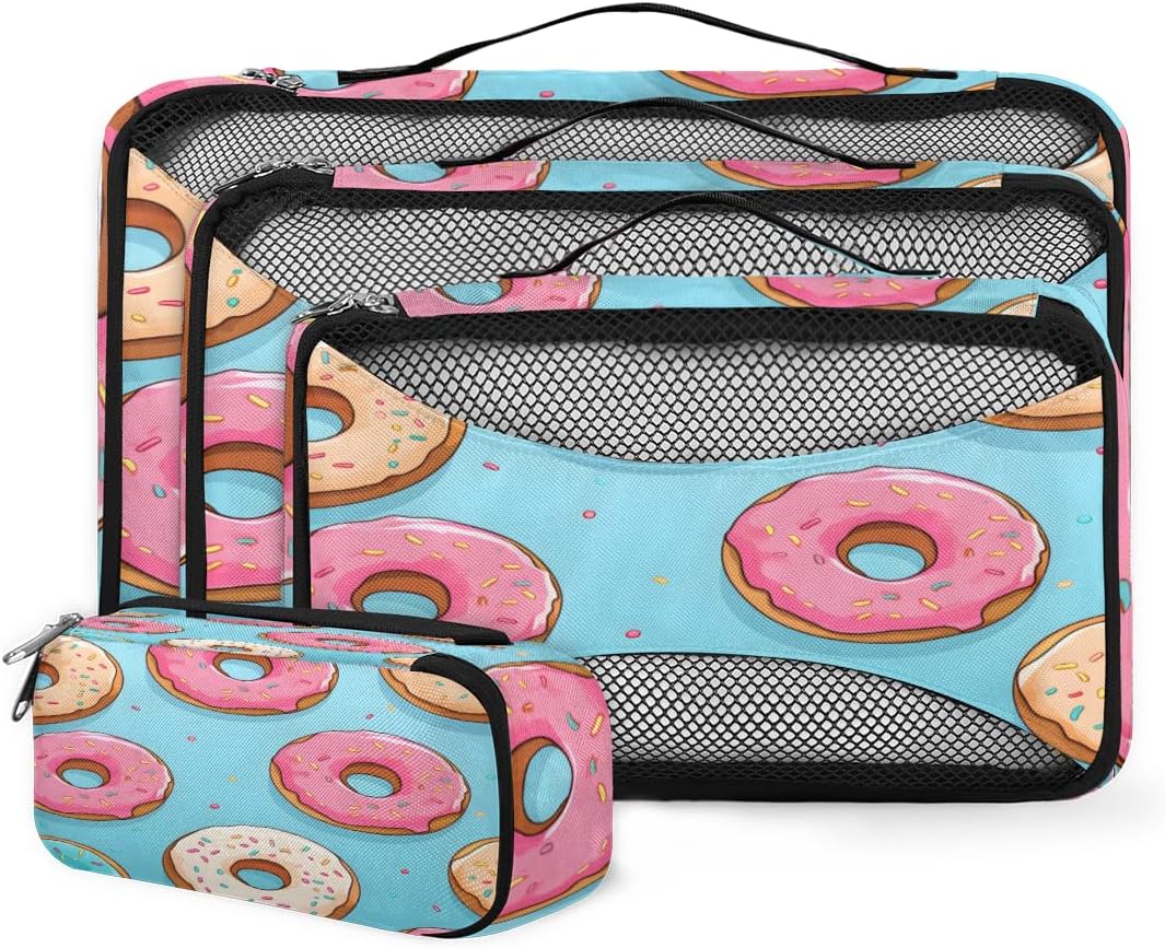 4 Set Packing Cubes for Suitcases, Travel Essentials for Carry on Luggage, Graffiti Donut Suitcase Organizers for Clothes Shoes Toiletries Travel Accessories in 4 Sizes - Scrummy Donut
