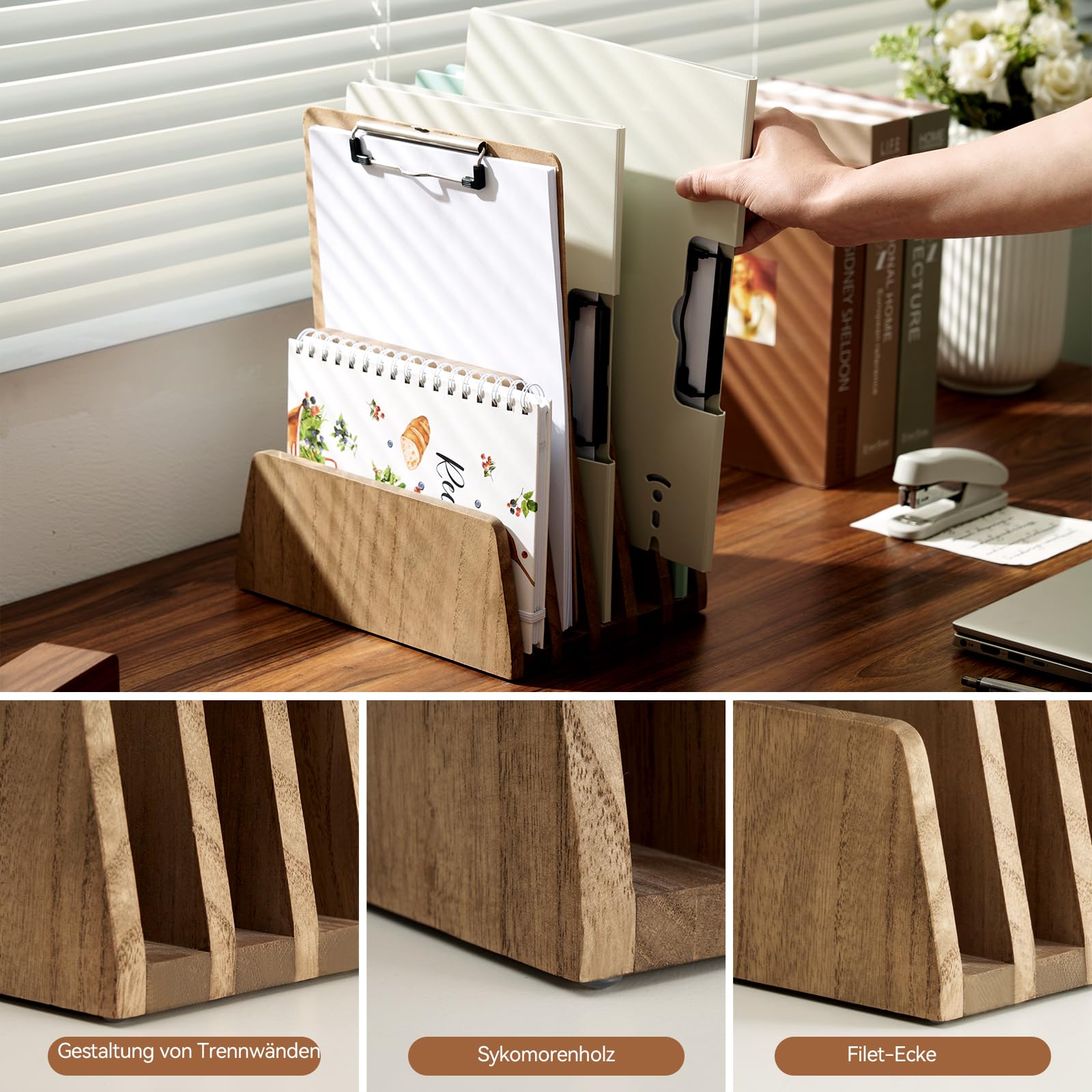 KIRIGEN Dokumentenhalter Holz, 5 Fächer Schreibtisch-Organizer aus Paulownia-Holz, 2,5 cm Fachabstand, Briefsortierer für Post, Hefte, dünne Mappen und Broschüren, Dunkelbraun, 19 x 25,2 x 18 cm