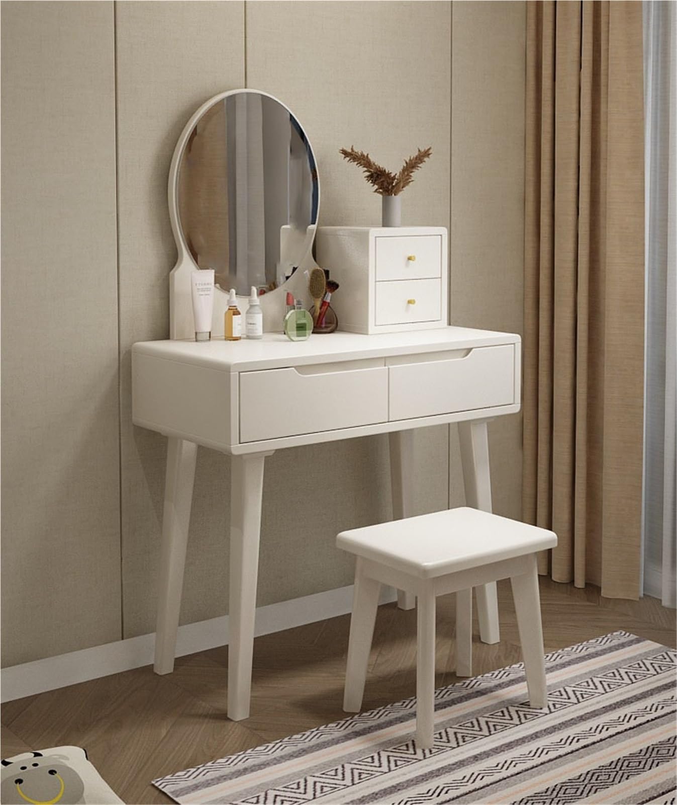 asdchZen Modern Black Vanity Set With Lighted Mirror & Stool-Small Solid Wood Dressing Table With Drawers For Women, Long-Lasting Makeup Desk,White-60cm