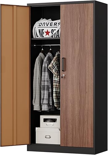MIIIKO Armario de guardarropa metálico con puertas con cerradura, armario de almacenamiento de metal para ropa, armario de casillero de 2 puertas