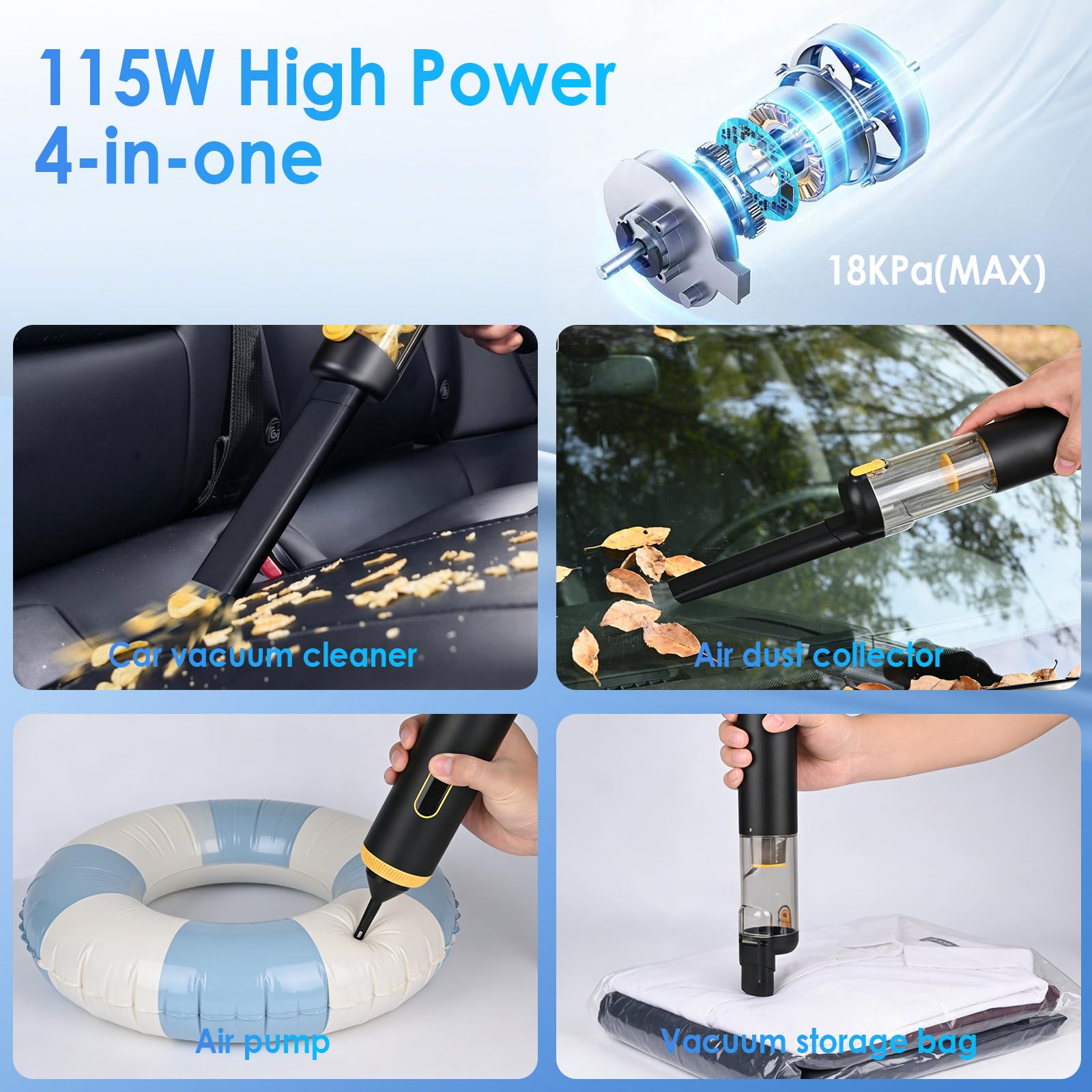 Aspirador Coche Potente Sin Cable – Aspirador de Mano 18.000 Pa, Mini Aspirador con Función Soplado e Inflado, 9 Accesorios, Ligero 506 g, para Coche
