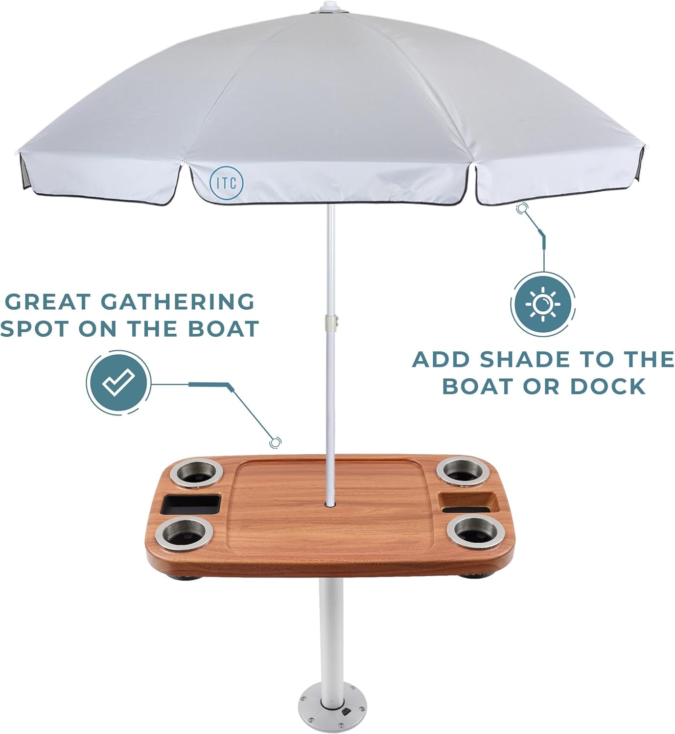 Manufacturers' Select ITC Boat Table w/Tilting and Adjustable Height Umbrella Set - Large Table Top, Pedestal Table Leg, 4 Large Drink Holders, 2 Phone Slots (Cinnamon w/Silver Leg)