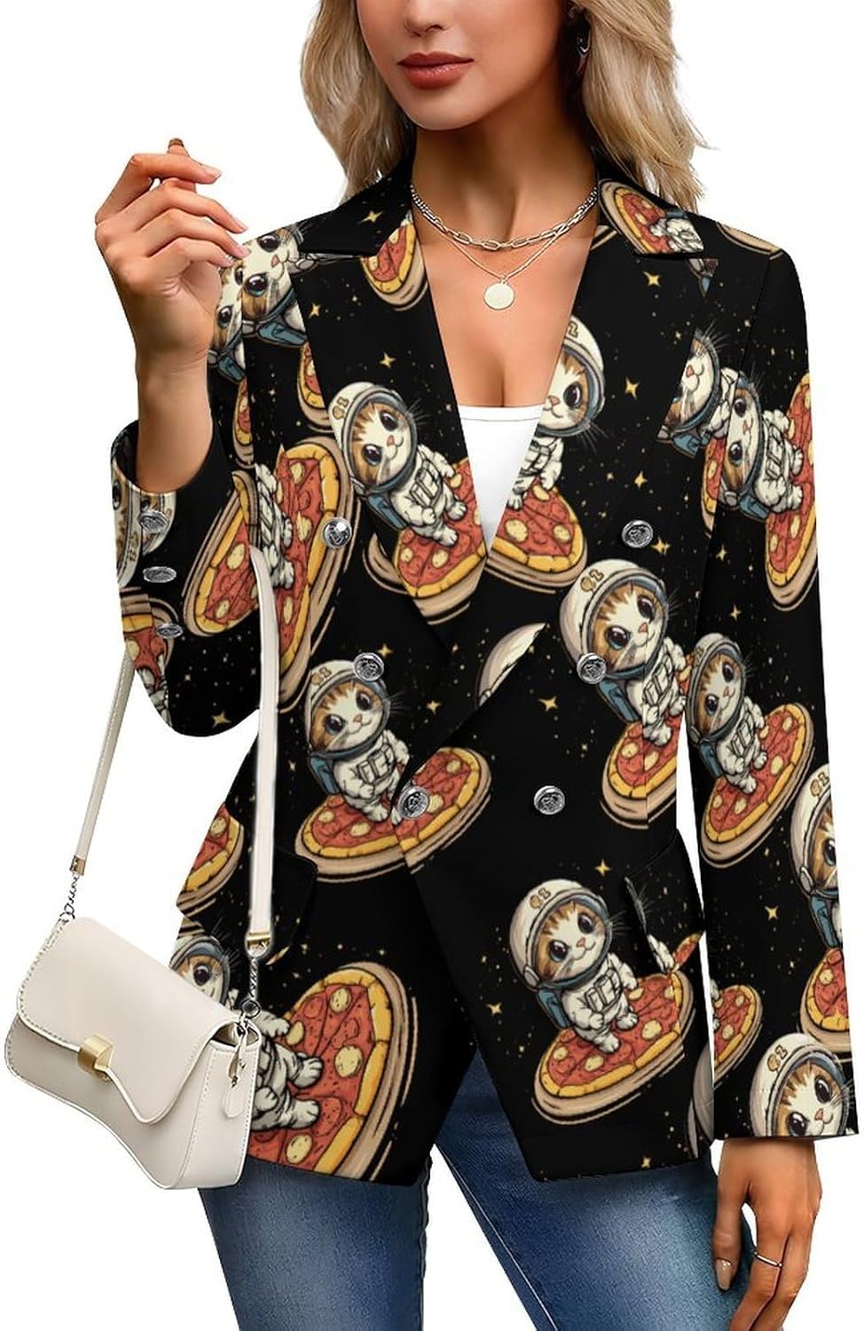Funny Cat Flying A Pizza Astronaut Women's Blazer Long Sleeve Suits Business Casual Blazers Jackets Lapel Open Front Suit