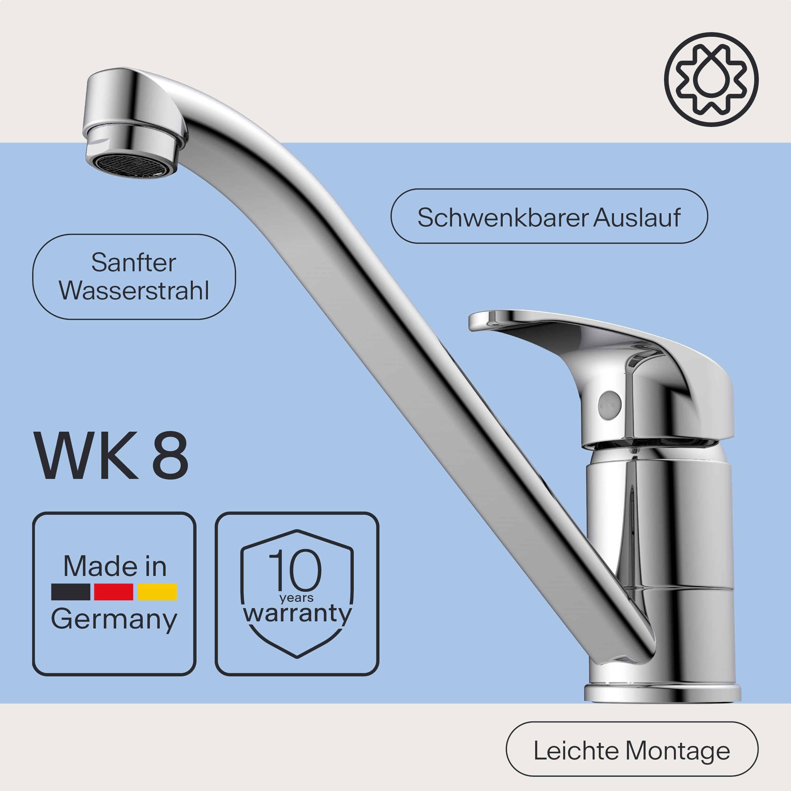 Küchenarmatur WK8 | Wasserhahn Küche | Armatur Spültisch | Mischbatterie für die Küche | Spültischarmatur mit Einhebelmischer | Made in Germany | Chrom