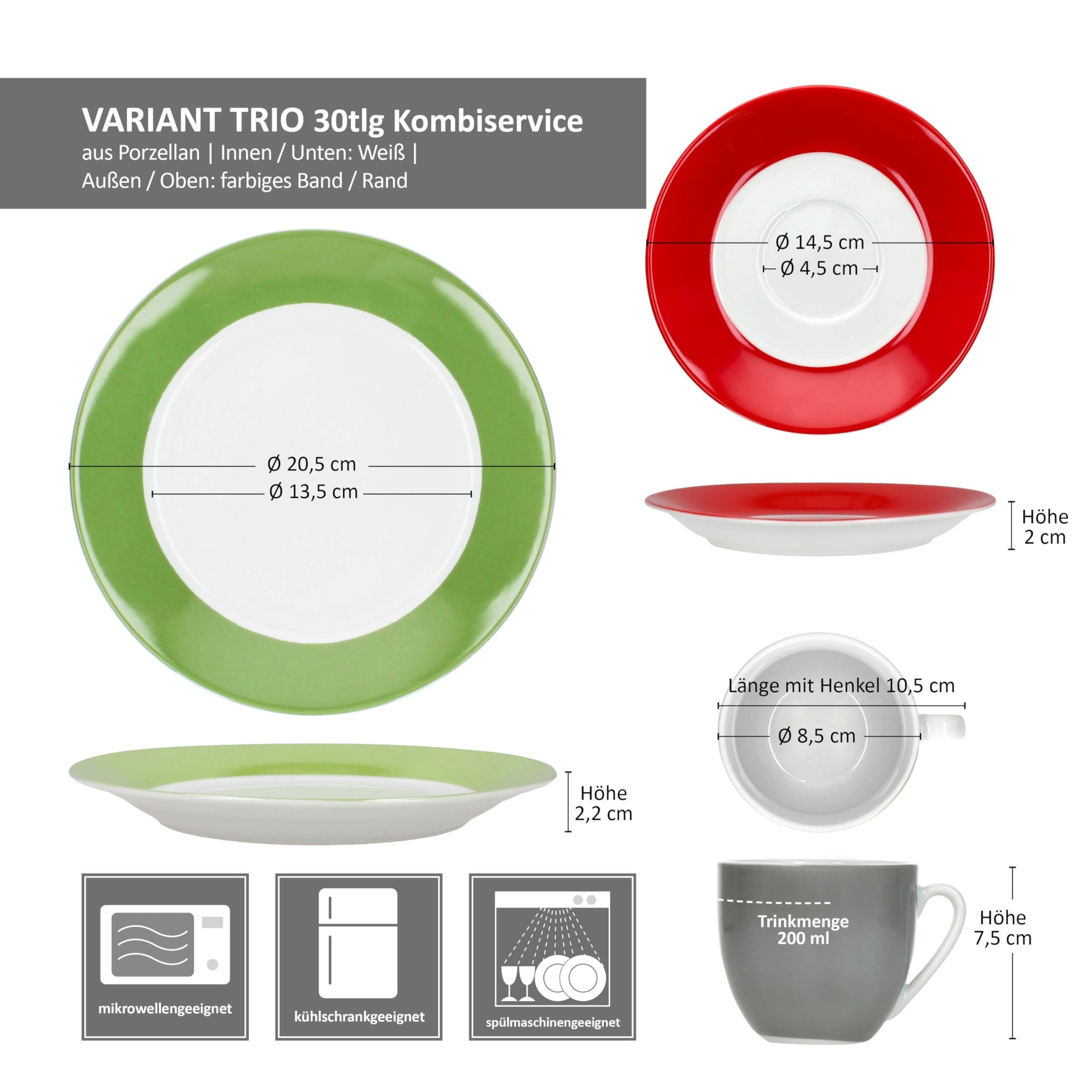 MamboCat Variant Trio 30tlg Kombiservice I Porzellan-Geschirrset mit Rand in Grün, Rot & Grau für 6 Personen I Je 6X Kaffeetassen 200ml, Untertassen, Kuchenteller, Suppenteller & Speiseteller