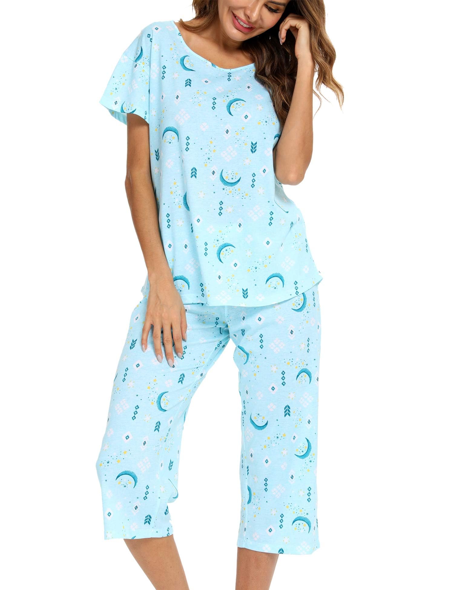 ENJOYNIGHT Schlafanzug Damen Kurzarm Pyjama Set Baumwolle Nachtwäsche | Zweiteiliger Sommer Hausanzug, Weiches Leichtes Material, Modischer V-Ausschnitt, Lockere Passform