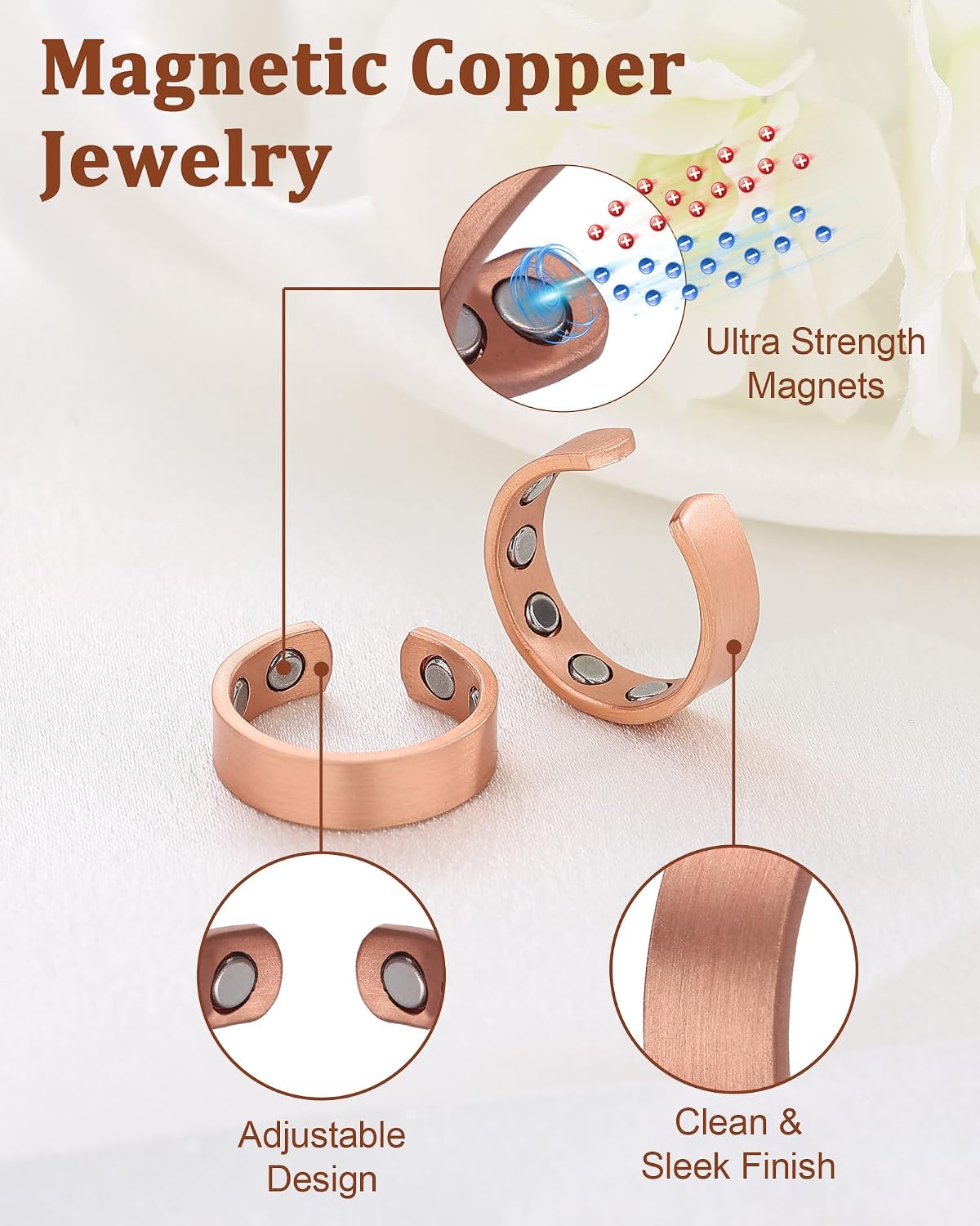 BioMag 2 Pcs Magnetic Rings for Men Women, 99.99% Pure Copper Rings Finger Ring with Magnets, Adjustable Jewelry