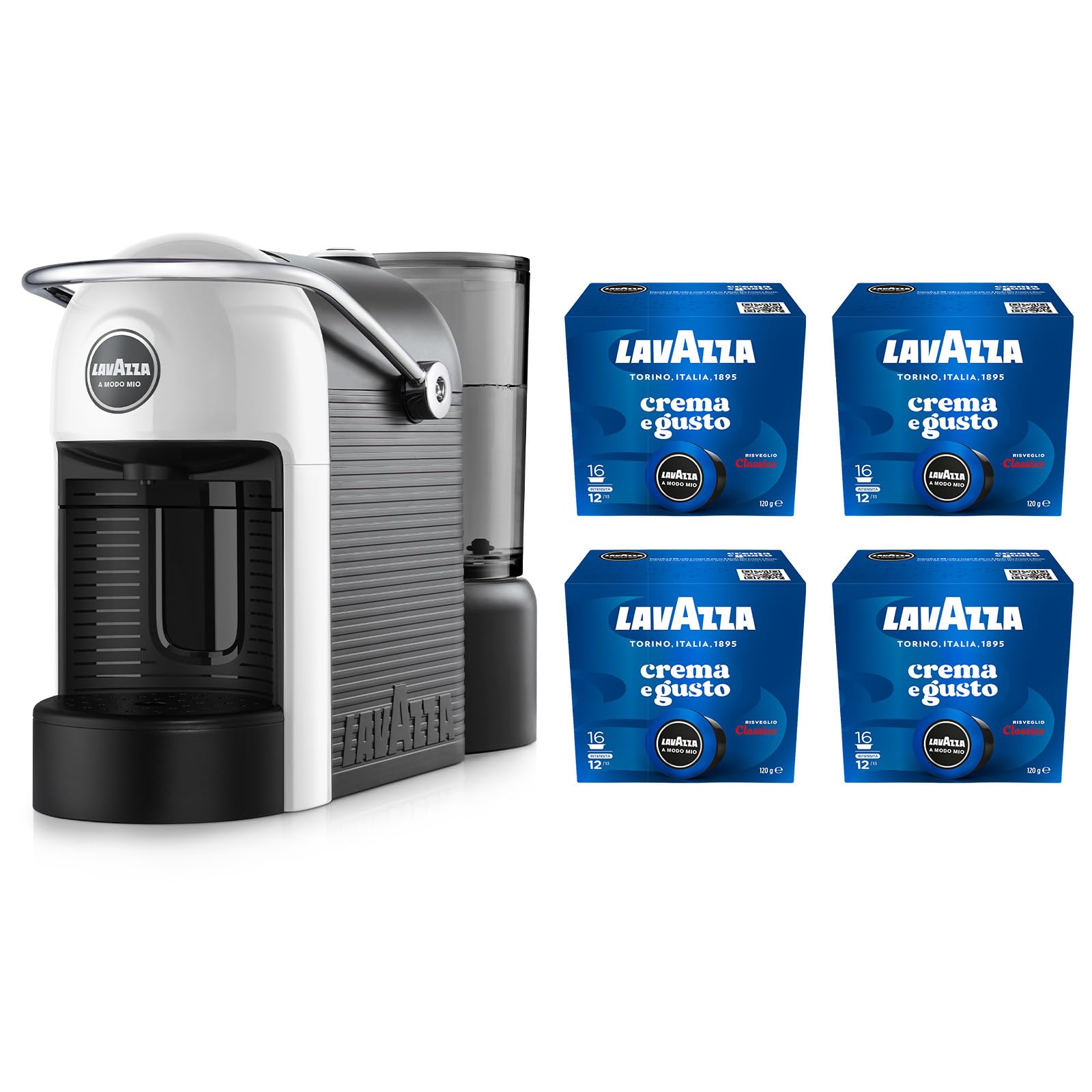 Lavazza, A Modo Mio Jolie Evo, Macchina per Caffè Realizzata con 36% di Plastica Riciclata, Macchina Espresso con 64 Capsule Lavazza A Modo Mio Crema e Gusto Classico Incluse, Bianca