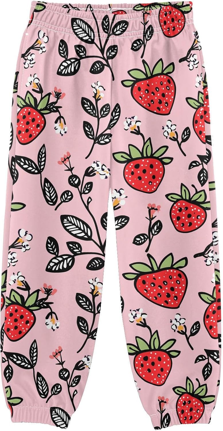 Boy Sweatpants Strawberry Flower Leaf Joggers Casual Athletic Pants Kids Elastic Waist Cuffed with Pockets