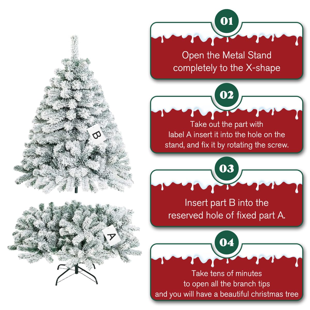 Sapin de Noël artificiel floqué de neige de 1,2 m avec 450 branches, épicéa de la vallée du Nord, support pliable en métal et accessoires de qualité supérieure – Assemblage facile, décoration de