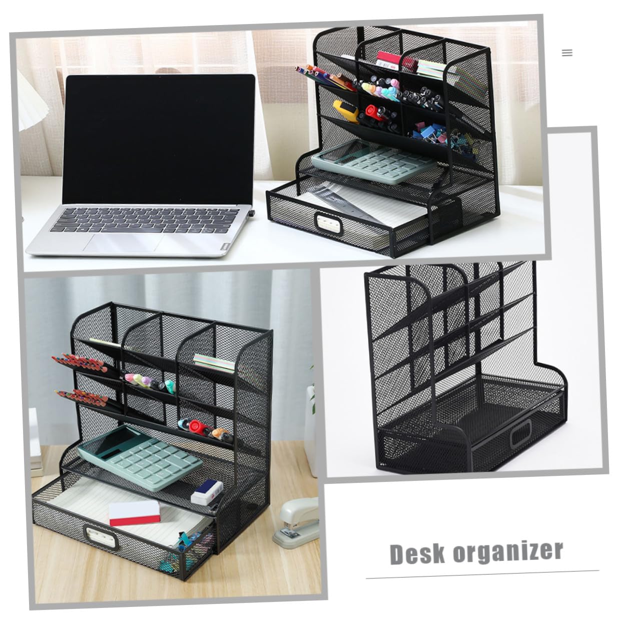 Organizer da Scrivania in Metallo con Scomparti e Porta Penne e Cancelleria Scaffale Multiuso per Ufficio e Studio Porta Documenti e Accessori Robustezza e Capacità Nero