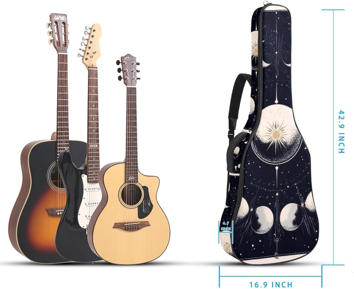 40 41 42 Inch Acoustic Guitar Bag, 0.4 In Thick Sponge Padded Guitar Case Gig Bag with Back Hanger Loop and 2 Pockets, Lunar Phases and Moon in Space Astrology
