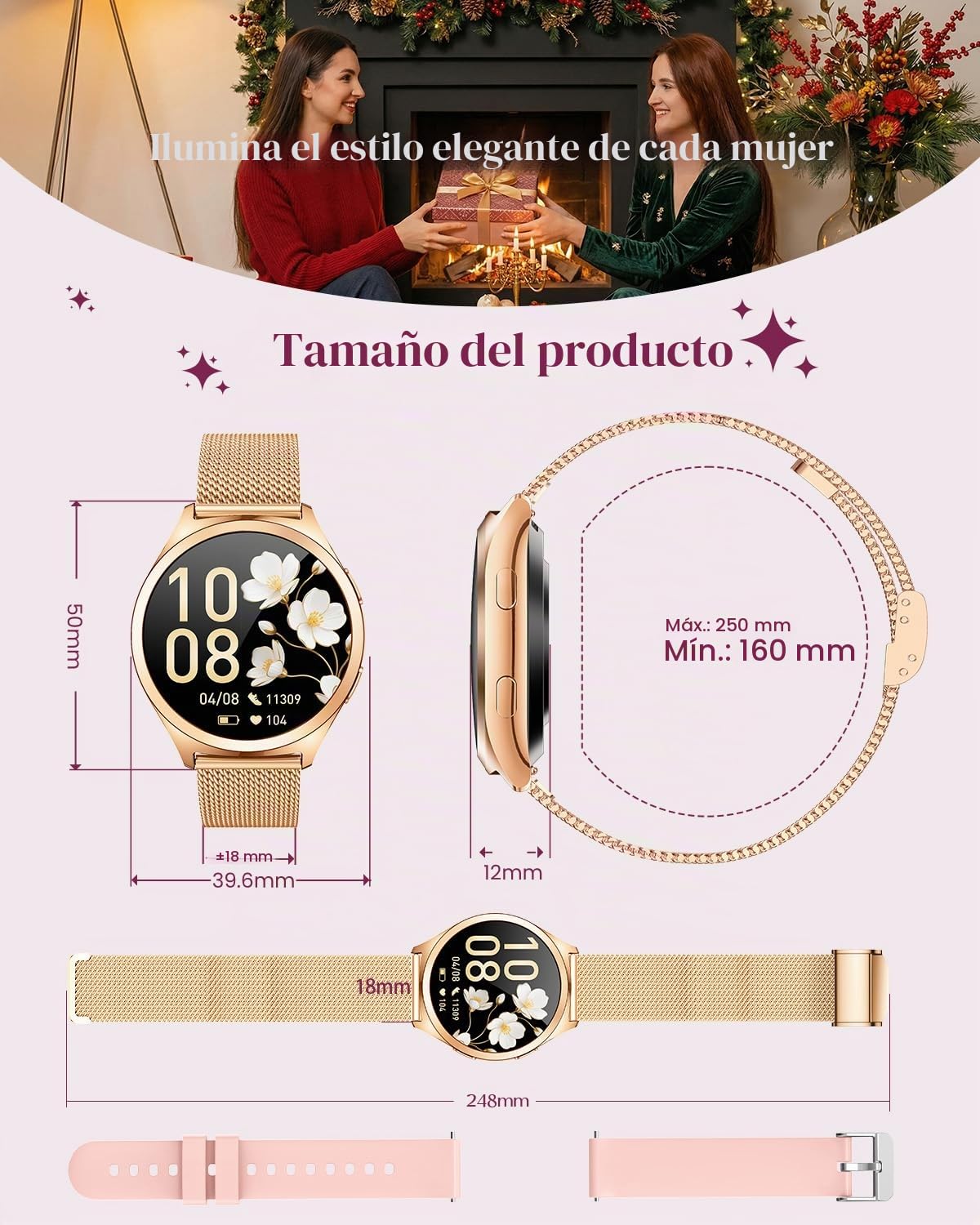 Smartwatch Reloj Inteligente Mujer con llamada: 1.27"Pantalla Táctil Smart Watch Bluetooth con Frecuencia Cardíaca SpO2 Sangre Presión Arterial Sueño 100+ Deportivos IP68 Impermeable para iOS Android