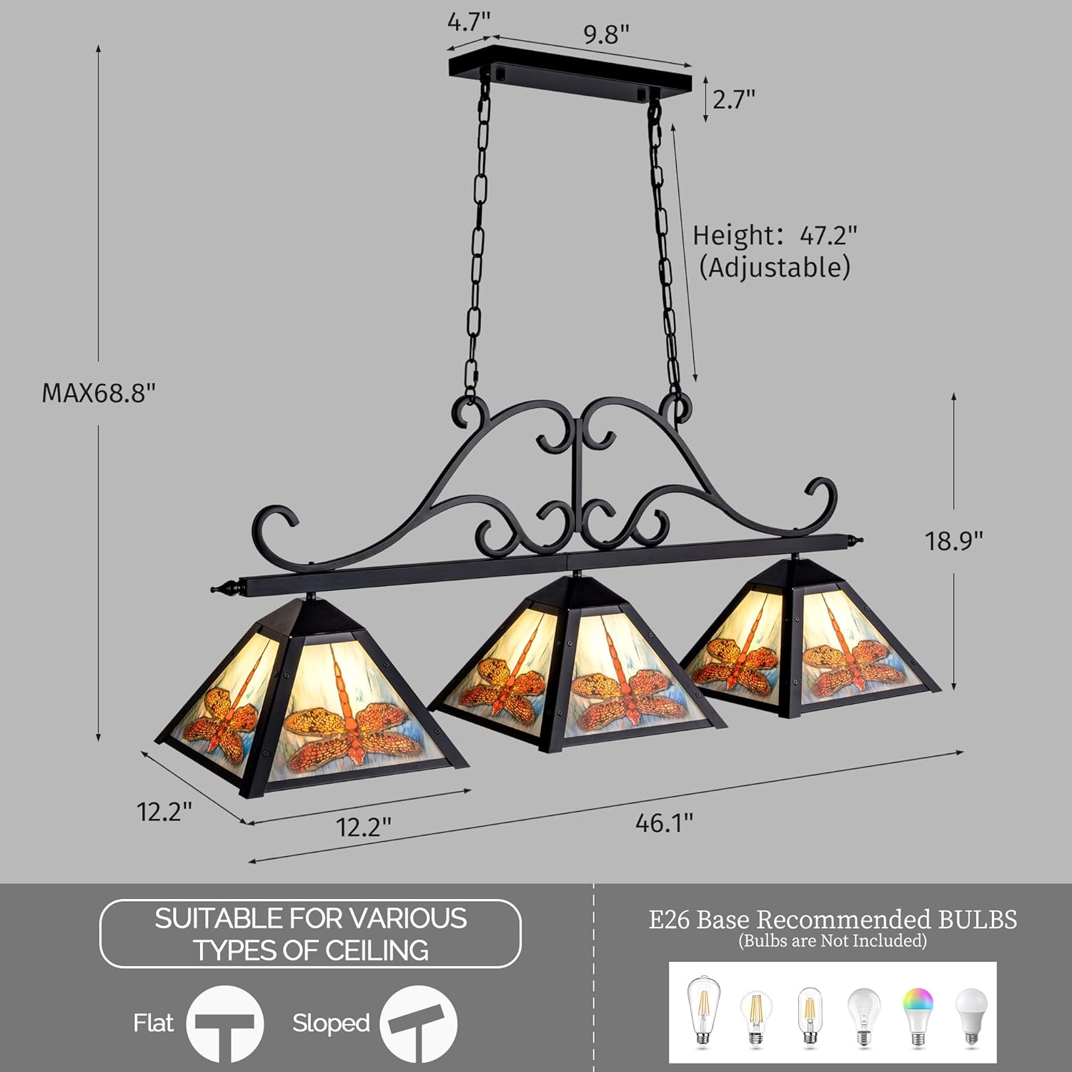TOCHIC 46" Tiffany Pool Table Light, 3 Lights Farmhouse Chandelier, Vintage Billiards Light Fixture with Dragonfly for Dining Room Game Room Kitchen Island Man Cave Bar
