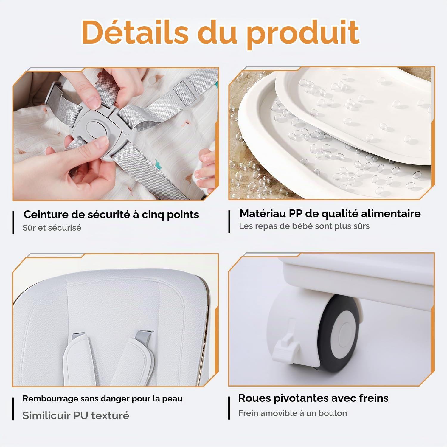 Chaise Haute 3 en 1, pour Bébé Ergonomique, Confortable, Inclinable, Pliable, avec Hauteur Réglable, Repose-Pieds, Plateau Amovible, Harnais 5 Points, 0 à 20 kg (Blanc)