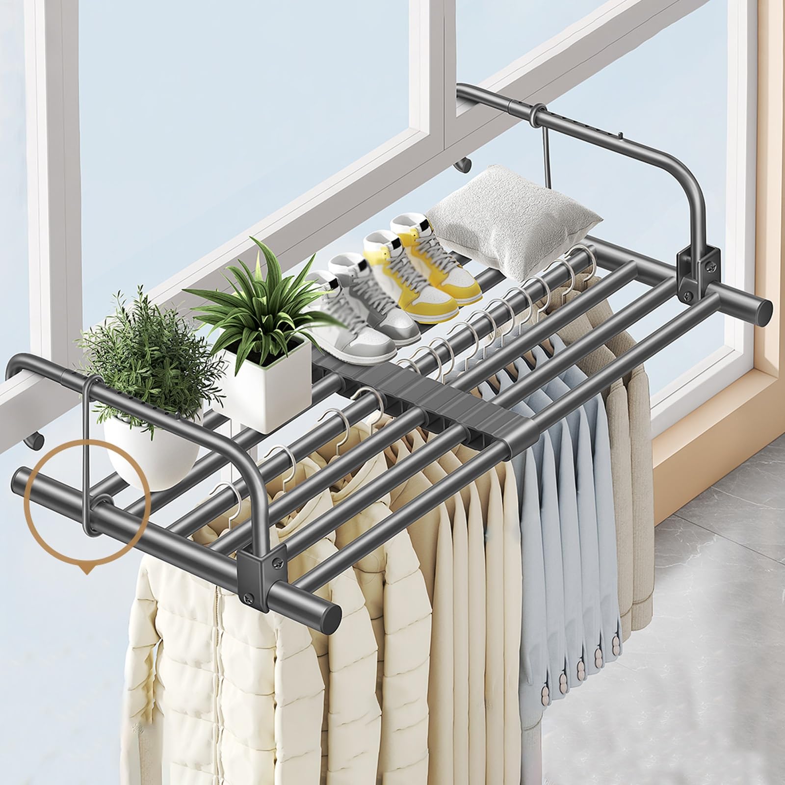 HJXGQJM Wäschetrockner Balkon Heizkörpertrockner Klappbar Hängetrockner Balkonwäschetrockner Ausziehbar Wäscheständer Wandmontage Heizkörper Edelstahl Trockenständer(Grey,60-106cm)