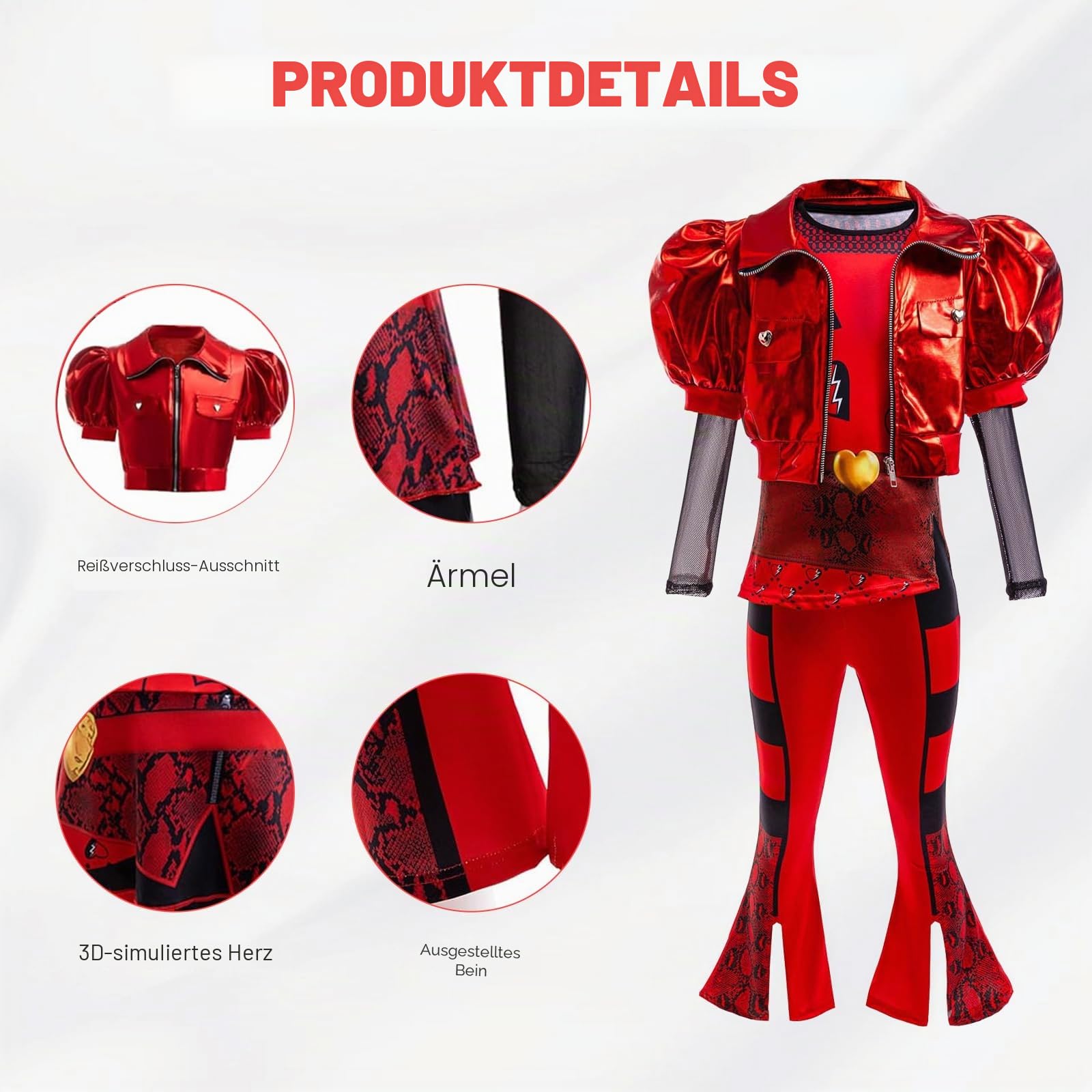 Red Kostüm mit Jacke, Top, Hosen Perücke Rot, Rot Handschuhe, Liebesbeutel für Karneval, Haloween Kostüm Mädchen