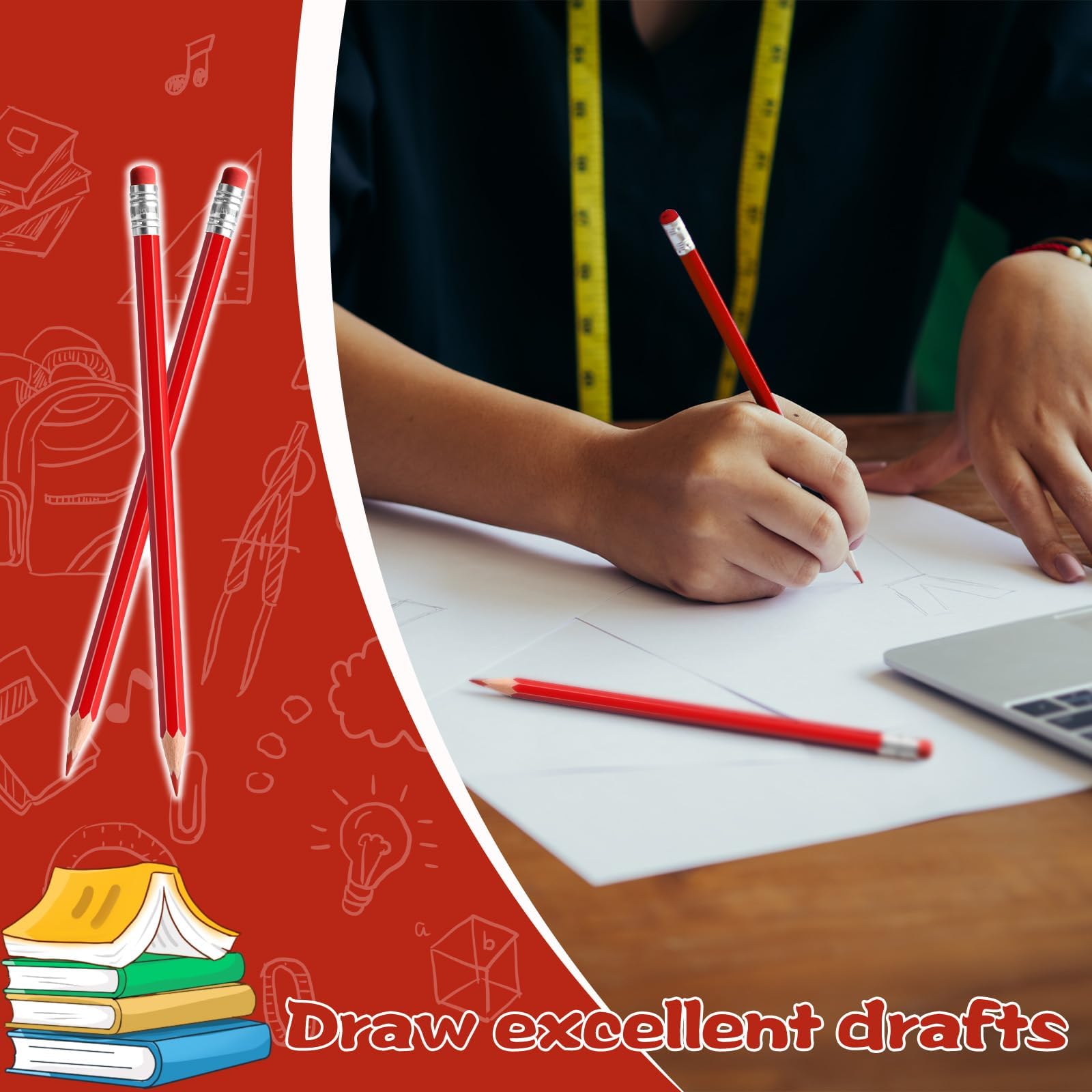 Lot de 120 crayons de couleur effaçables avec gomme pré-taillée 2 HB pour vérification, évaluation, tests et fournitures de bureau/scolaire (rouge)