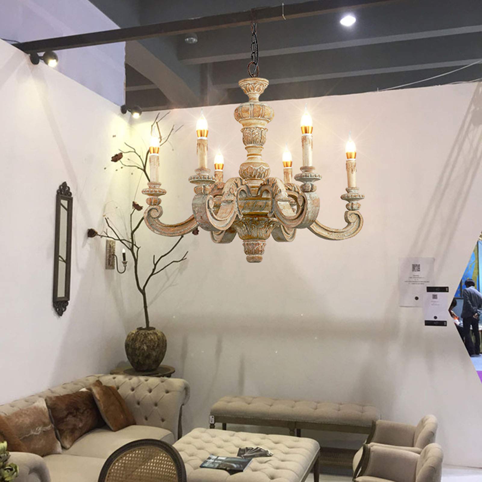 Shabby Chic Verwittert Holz Kerze-stil Deckenleuchten Für Wohnzimmer Flur Esszimmer,E14 Elegante Vintage Einstellbar Kronleuchter-Das holz ist altmodisch 70 * 68cm