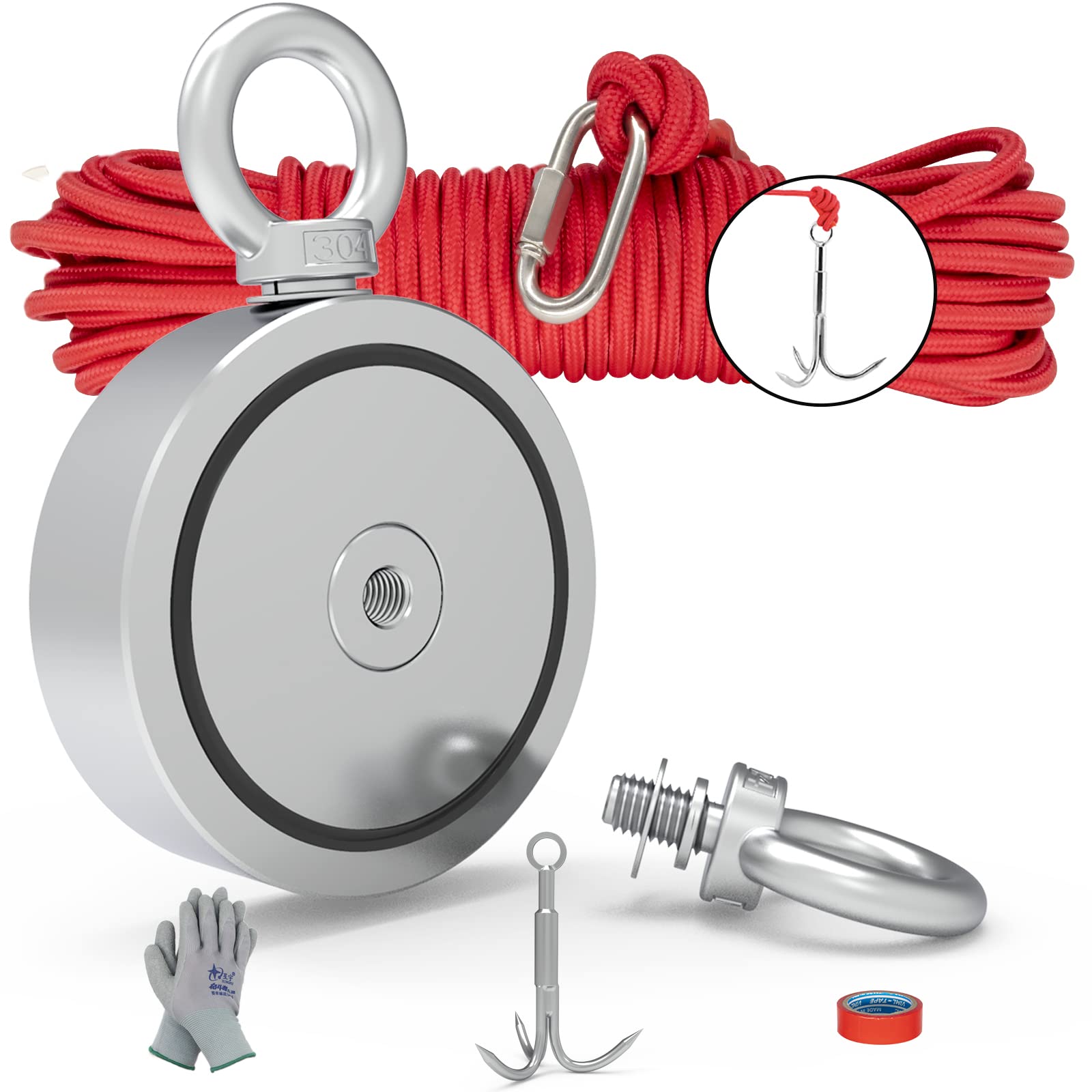 THCMAG Kit de pêche magnétique double face avec grappins, gants - Résistance combinée de 680,4 kg - aimants en néodyme solides avec corde de 20 m pour récupération d’objets magnétique en rivière