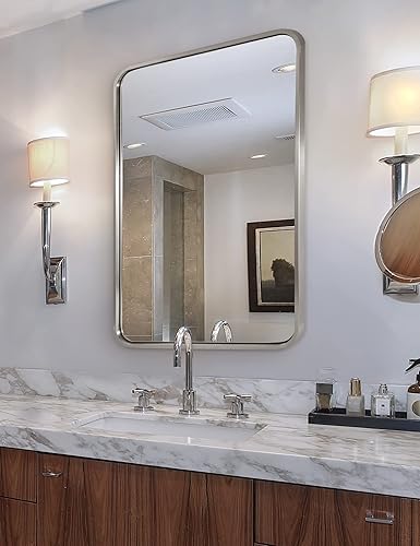 Miniatura 8 de ANDY STAR Espejo de níquel cepillado de 24 x 32 pulgadas, espejos rectangulares redondeados con marco de metal plateado para baño, antioxidante